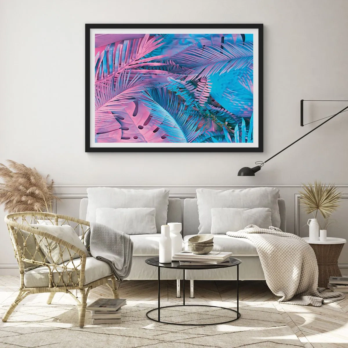 Affisch i svart ram - Tropiken i rosa och blått - 50x40 cm