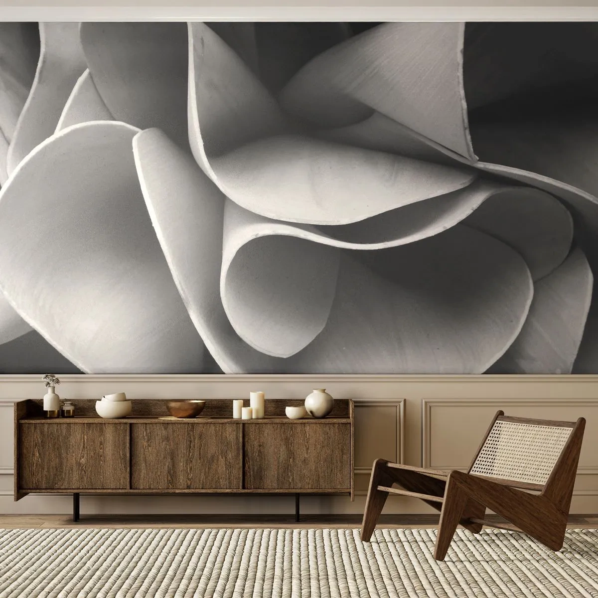 Fototapet Premium Sand - Det händer i rummet - Abstraktion, Bit, Svartvitt - 350x256 cm