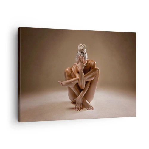 Canvastavla - Bild på duk - Konstnärlig silhuett av en kvinna på en beige bakgrund - 70x50cm - Kroppens och själens enighet - Modern väggdekoration för vardagsrum och sovrum ARTTOR