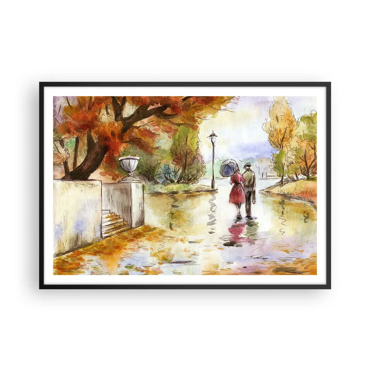 Affisch i svart ram - Romantisk höst i parken - 100x70 cm