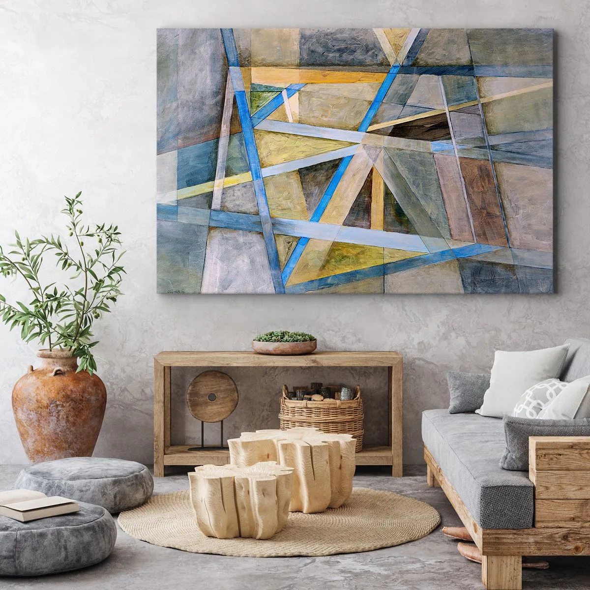 Canvastavla - Bild på duk - Geometrisk komposition med ljusa och blå linjer - 70x50cm - Rakt fram eller diagonalt? - Modern väggdekoration för vardagsrum och sovrum ARTTOR