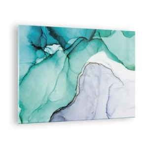 Glastavla - Bild på glas - En abstrakt målning i nyanser av turkos och vitt, med fina sprickor. - 70x50cm - En studie i turkos - Modern väggdekoration för vardagsrum och sovrum ARTTOR