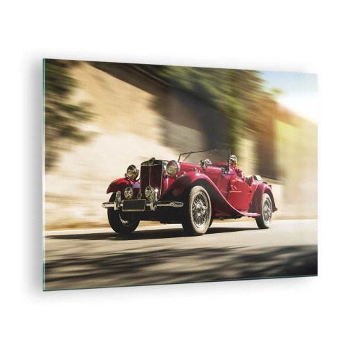 Glastavla - Bild på glas - Klassisk röd cabriolet i rörelse mot bakgrund av gatan och det suddiga landskapet - 70x50cm - Vackrare än Nike från Samothrakis - Modern väggdekoration för vardagsrum och sovrum ARTTOR