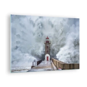 Glastavla - Bild på glas - En fyr träffas av en kraftig våg. - 70x50cm - Vattnets vrål, vindens skrik  - Modern väggdekoration för vardagsrum och sovrum ARTTOR