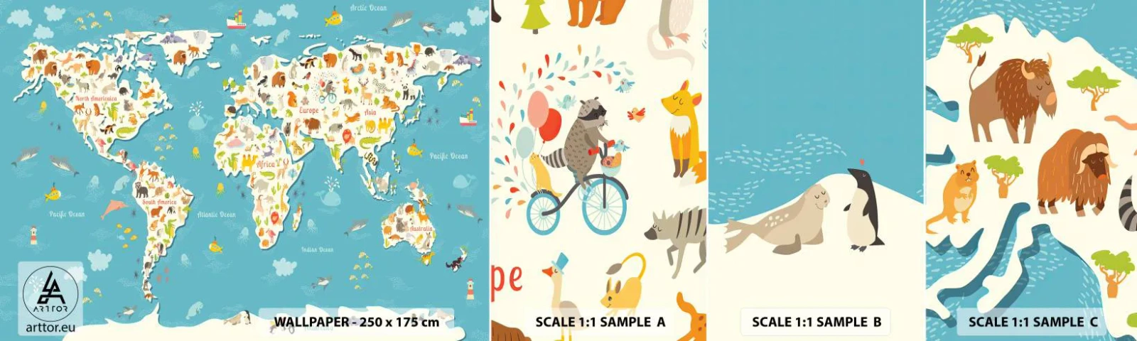 Provbit av självhäftande fototapet Deluxe Sticker - Vi älskar hela världen - Världskarta, Djur, För barn - 100x30 cm