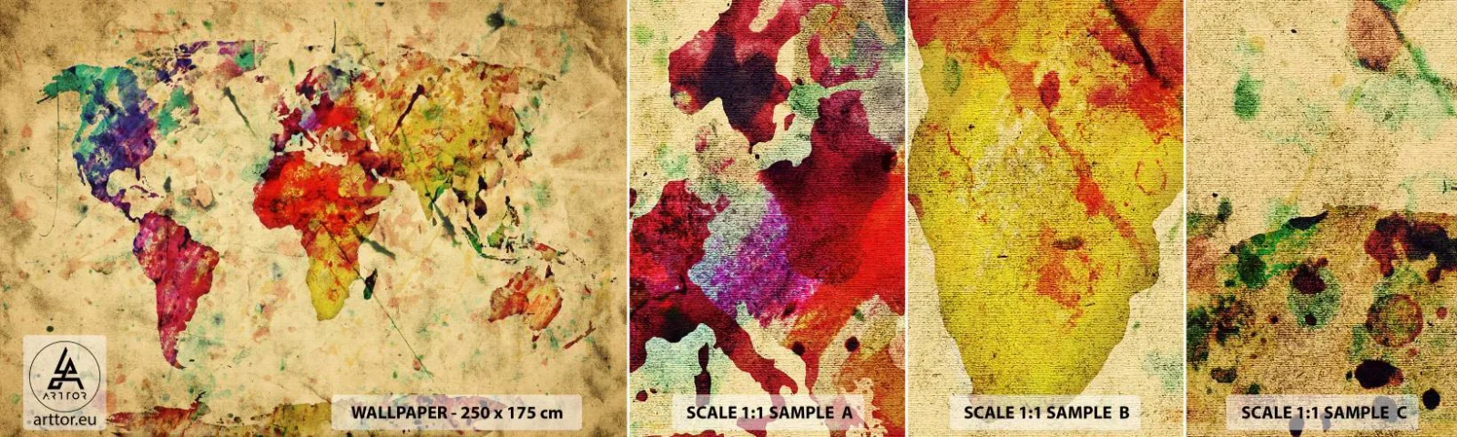 Provbit av självhäftande fototapet Deluxe Sticker - Livet som färgglatt kartpapper - Världskarta, Kontinenter, Resor - 100x30 cm