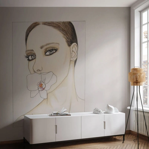 Fototapet Standard Eco - En kvinna med en orkidé i munnen i en minimalistisk skiss. - 100x70cm - Elegansens och skönhetens symbol - Modern väggdekoration för vardagsrum och sovrum ARTTOR