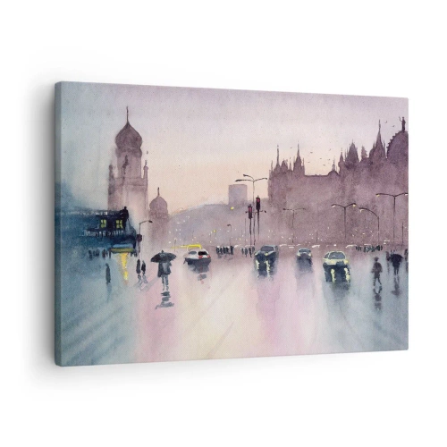 Canvastavla - Bild på duk - En stadsgata i skymningen i akvarellstil - 70x50cm - I regnig dimma - Modern väggdekoration för vardagsrum och sovrum ARTTOR