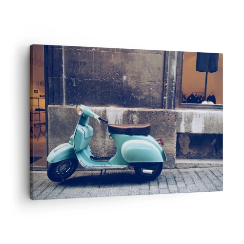 Canvastavla - Bild på duk - En retro scooter parkerad mot en stenmur - 70x50cm - Oförglömliga stämningar - Modern väggdekoration för vardagsrum och sovrum ARTTOR