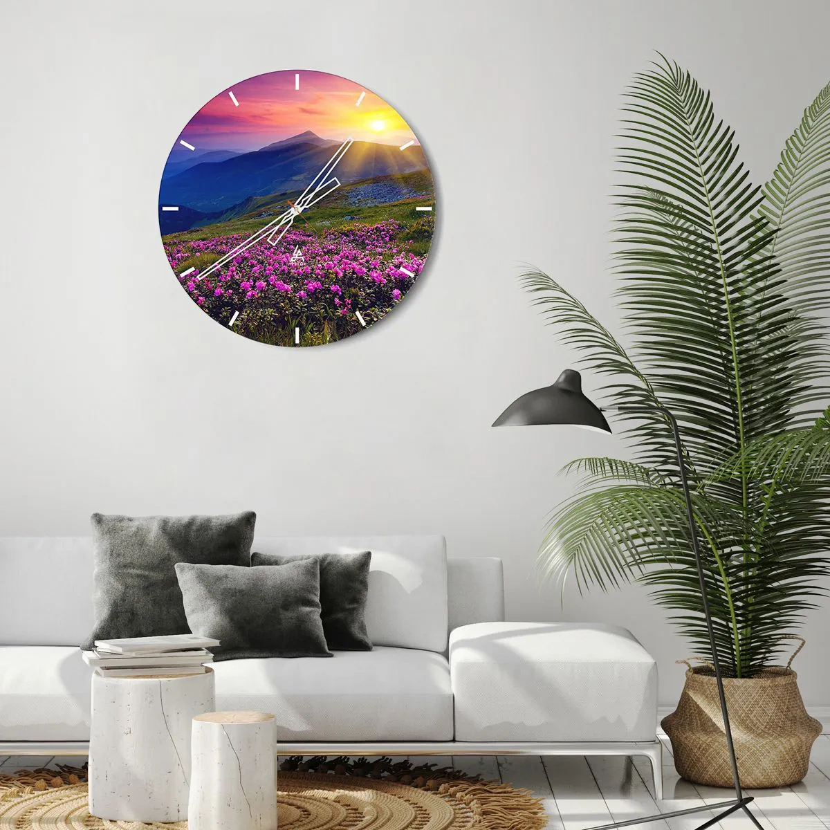 Väggklocka - Klocka på glas - Berglandskap vid solnedgången med blommande blommor - 30x30cm - … Bergtallen doftar och örterna luktar runt omkring - Modern väggdekoration för vardagsrum, kök och sovrum ARTTOR
