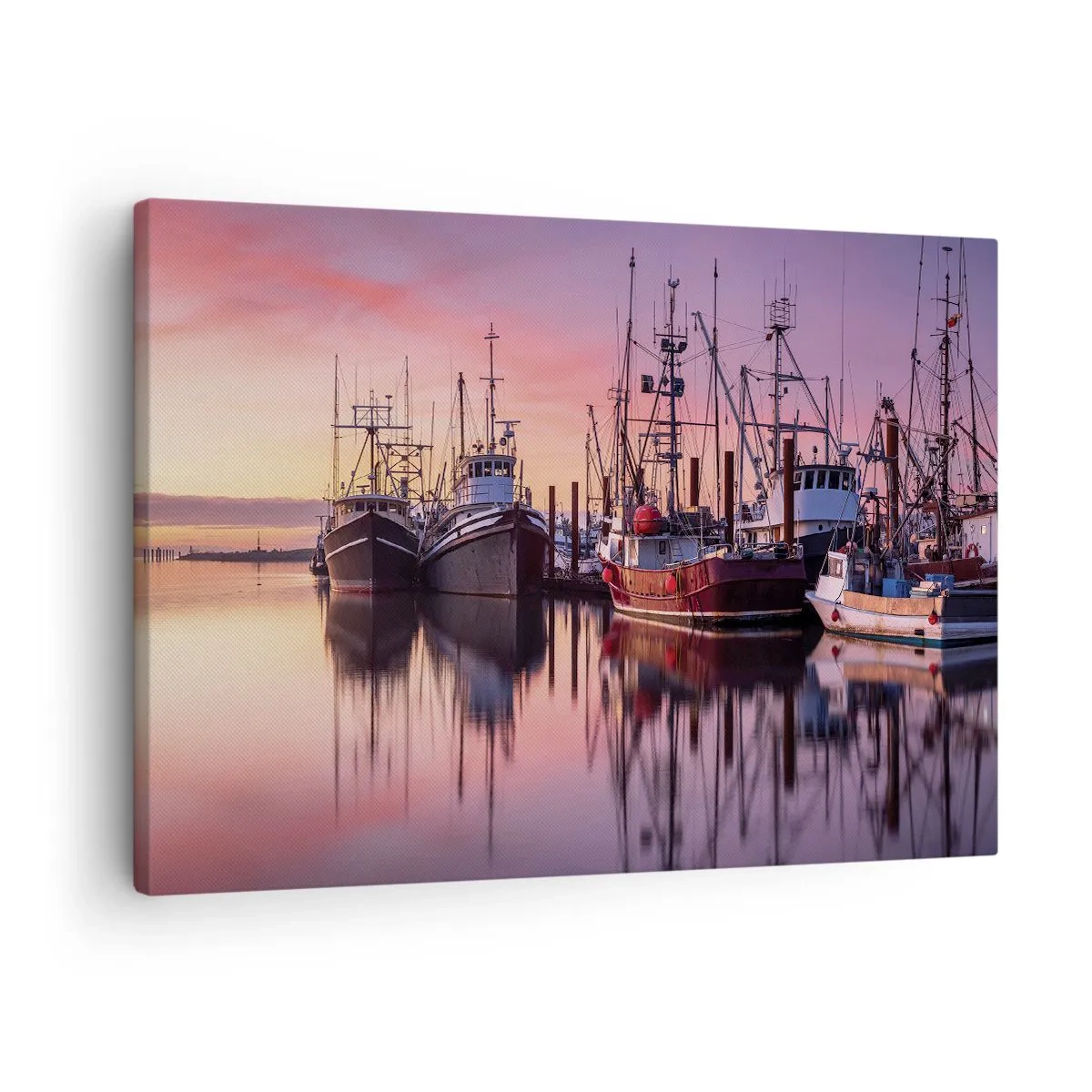 Canvastavla - Bild på duk - Fiskebåtar i hamnen vid solnedgången - 70x50cm - Inför nästa dag - Modern väggdekoration för vardagsrum och sovrum ARTTOR