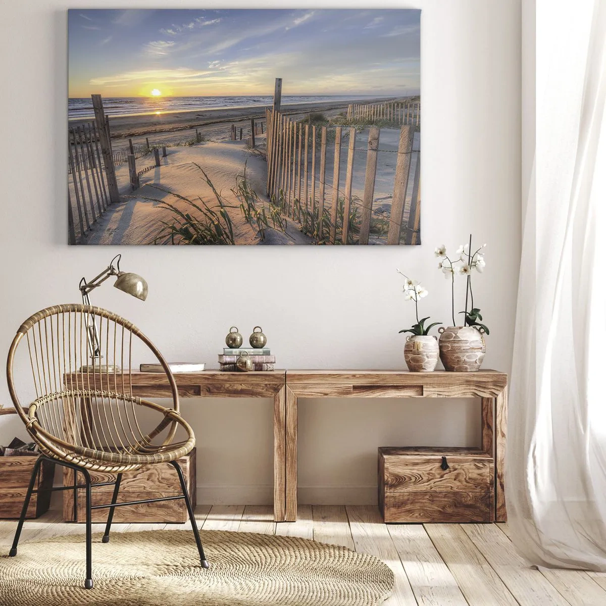 Canvastavla - Bild på duk - Solnedgångsstrand med trästaket - 70x50cm - Vindens sken och skugga - Modern väggdekoration för vardagsrum och sovrum ARTTOR