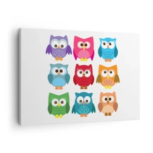 Canvastavla - Bild på duk - Färgglada illustrationer av ugglor i barnslig stil - 70x50cm - Att vara olika på roligt sätt - Modern väggdekoration för vardagsrum och sovrum ARTTOR