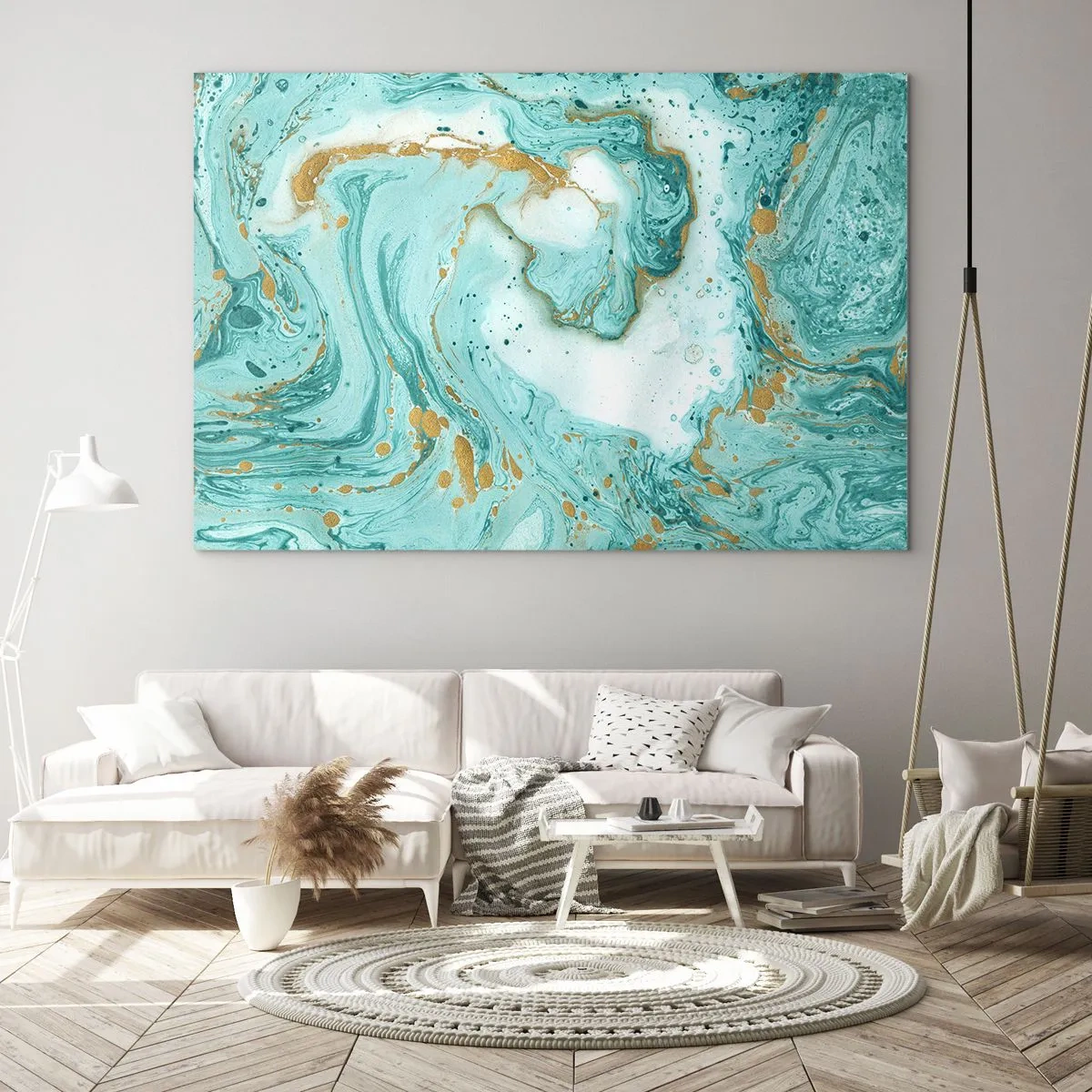 Glastavla - Bild på glas - Mönster i turkos och guldfärgad marmor - 70x50cm - Under stora vågen från Edo-tiden - Modern väggdekoration för vardagsrum och sovrum ARTTOR