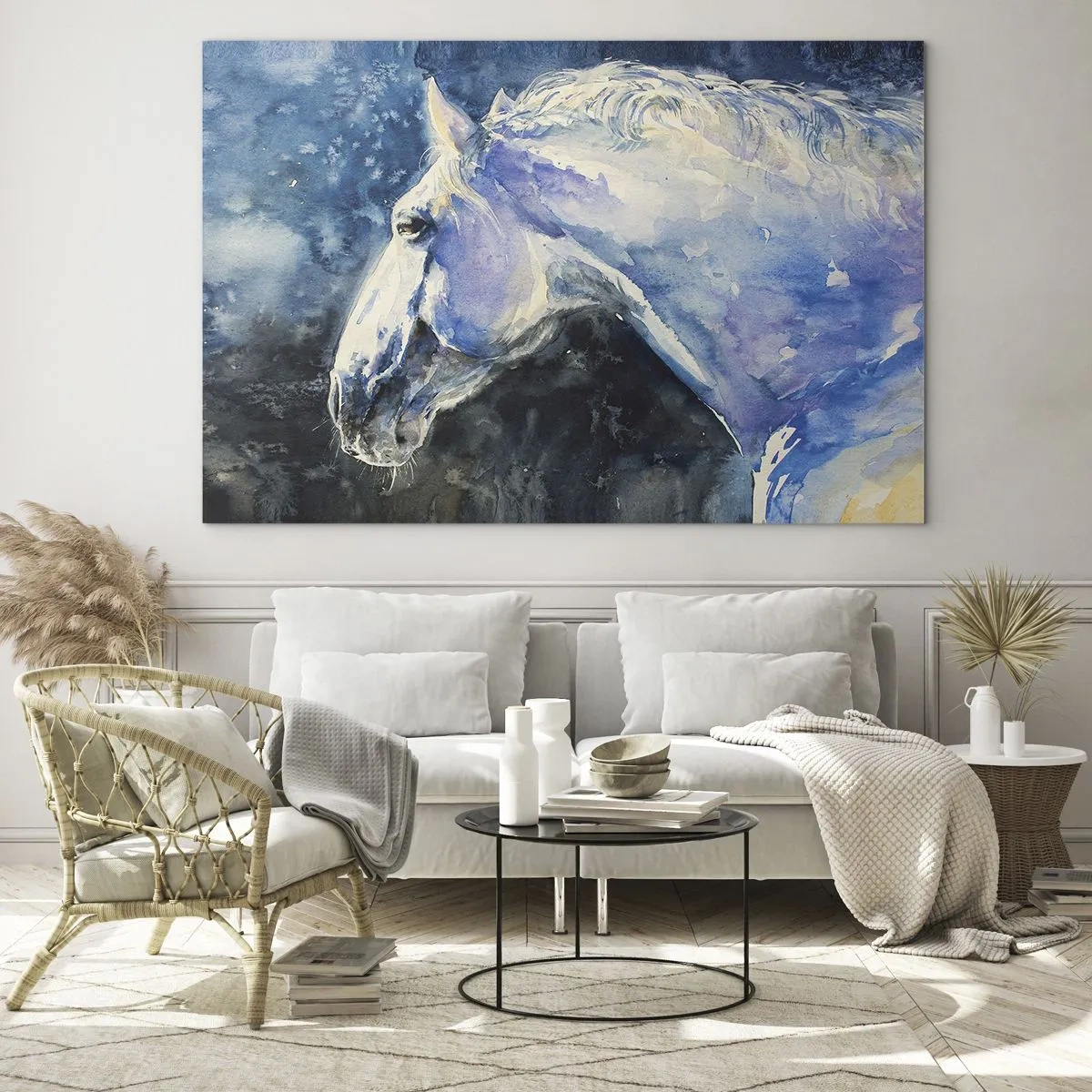 Glastavla - Bild på glas - Akvarellporträtt av en häst i blå nyanser - 70x50cm - Porträtt i blått sken - Modern väggdekoration för vardagsrum och sovrum ARTTOR