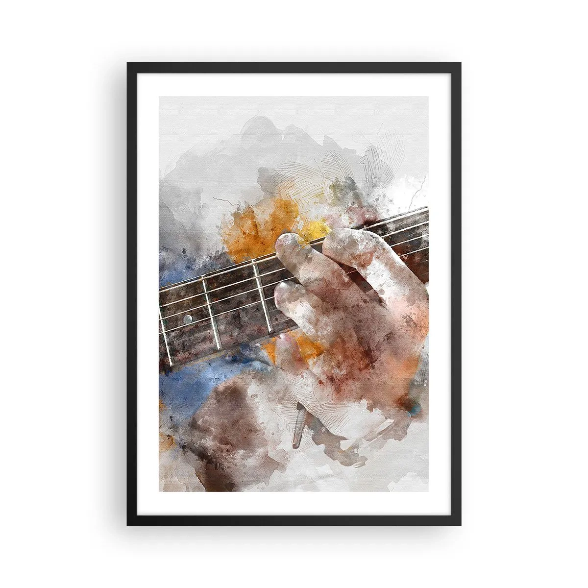 Affisch i svart ram - Konstnärlig hand som spelar gitarr i akvarellstil - 50x70cm - Poesi mellan strängarna - Modern väggdekoration för vardagsrum och sovrum ARTTOR