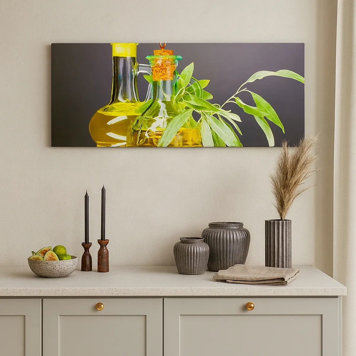 Canvastavla - Bild på duk - Stilleben med oliver och olivolja - 30x30 cm