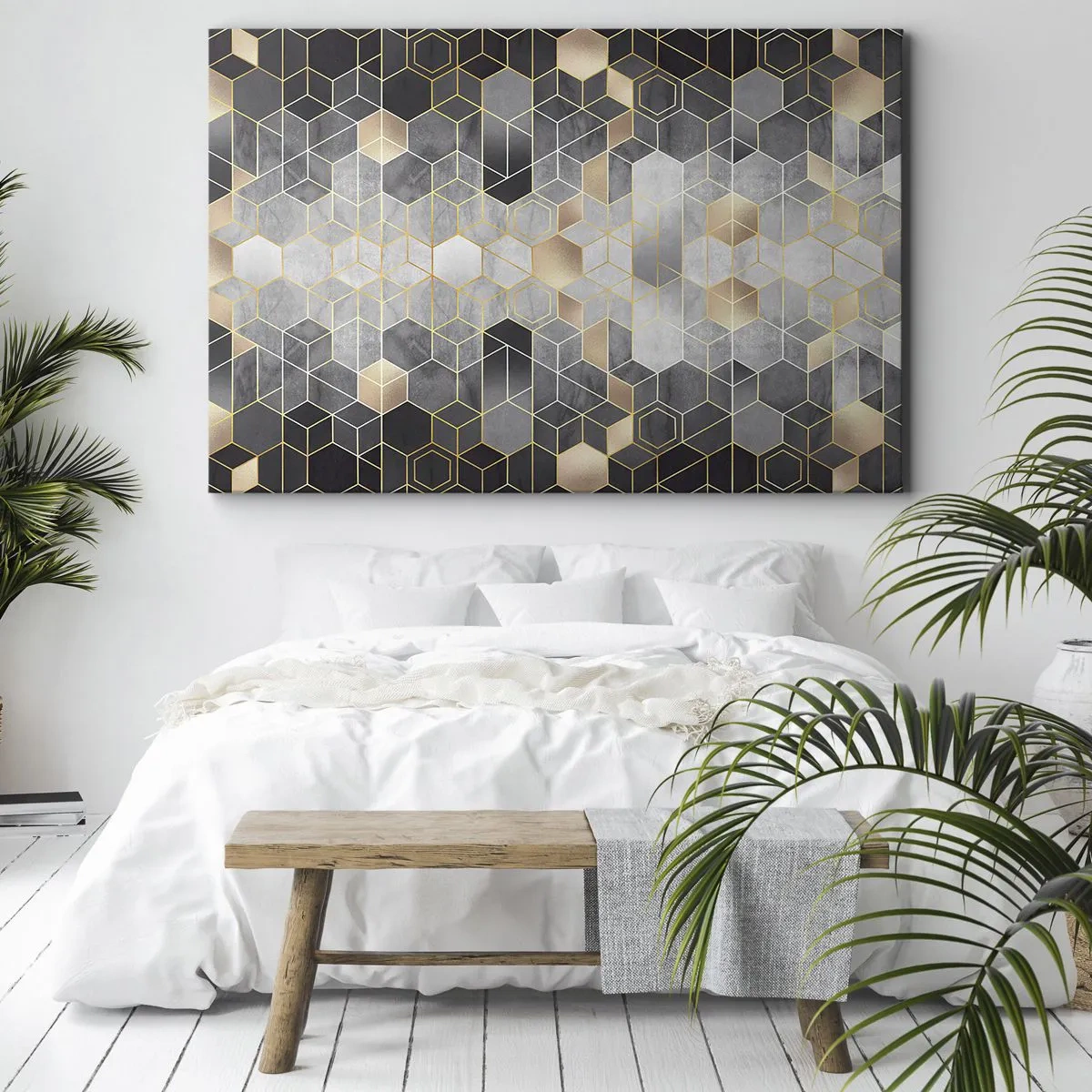 Canvastavla - Bild på duk - Geometriskt mönster i gyllene nyanser - 70x50cm - Diamantkomposition - Modern väggdekoration för vardagsrum och sovrum ARTTOR