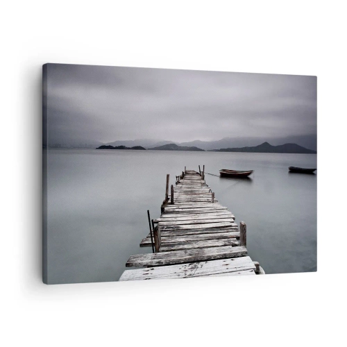 Canvastavla - Bild på duk - En träbro som leder till sjöns lugna yta - 70x50cm - Imorgon kan du ge dig iväg - Modern väggdekoration för vardagsrum och sovrum ARTTOR