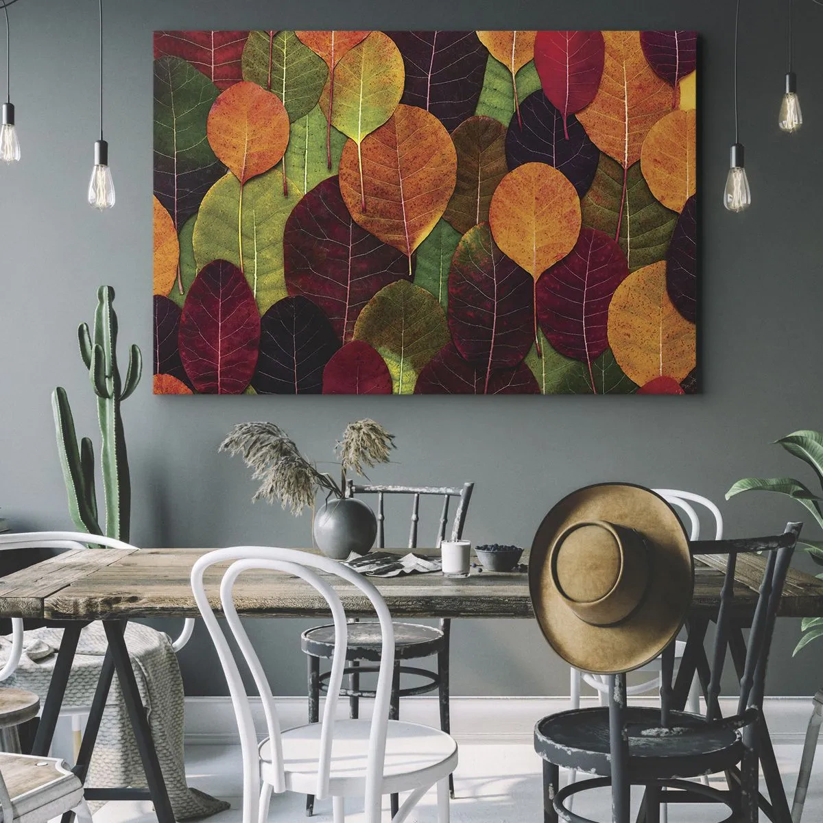 Canvastavla - Bild på duk - Färgglada löv arrangerade i ett höstmönster - 70x50cm - Höstmosaik - Modern väggdekoration för vardagsrum och sovrum ARTTOR