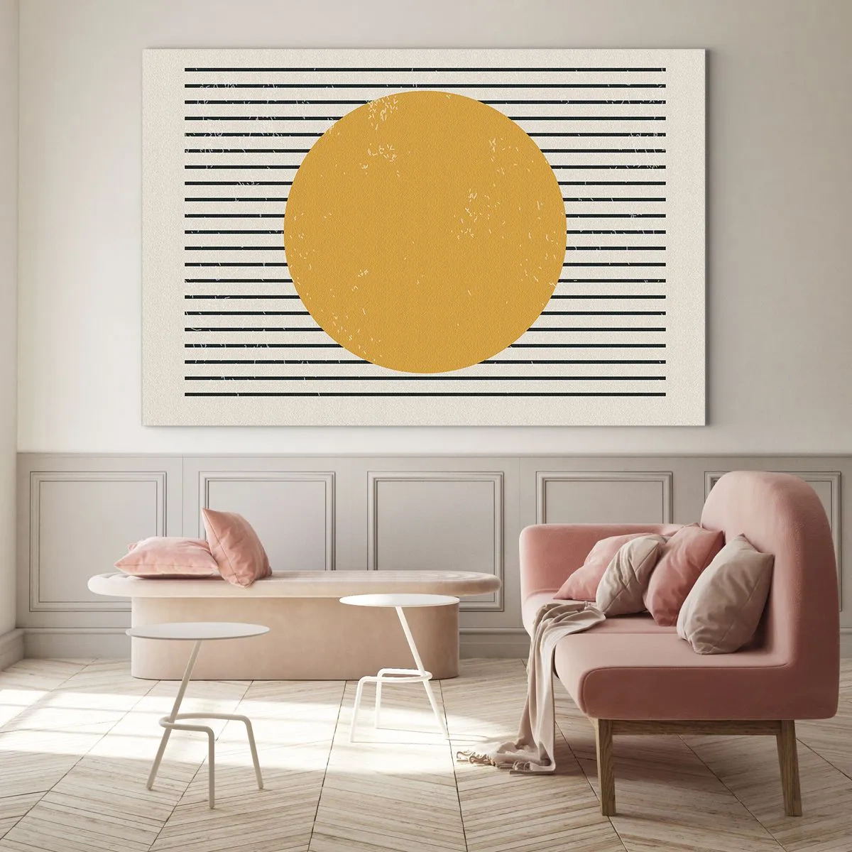Glastavla - Bild på glas - En orange cirkel mot en bakgrund av horisontella svarta linjer på en beige bakgrund. - 70x50cm - Enkelhetens kraft - Modern väggdekoration för vardagsrum och sovrum ARTTOR