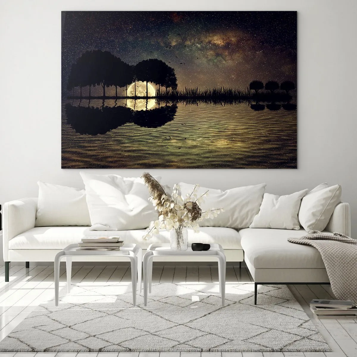 Glastavla - Bild på glas - Nattscen med en fullmåne som speglas i vattnet - 70x50cm - En natt i världens ände - Modern väggdekoration för vardagsrum och sovrum ARTTOR