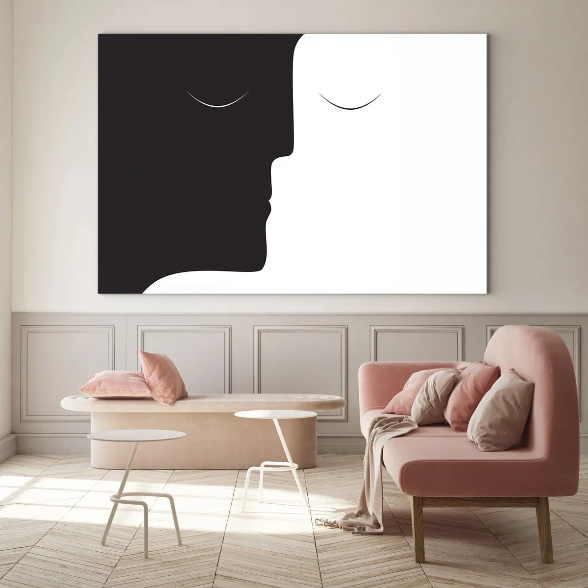 Glastavla - Bild på glas - Minimalistiska svartvita ansikten som bildar en enhet - 70x50cm - Motsatsernas enhet - Modern väggdekoration för vardagsrum och sovrum ARTTOR