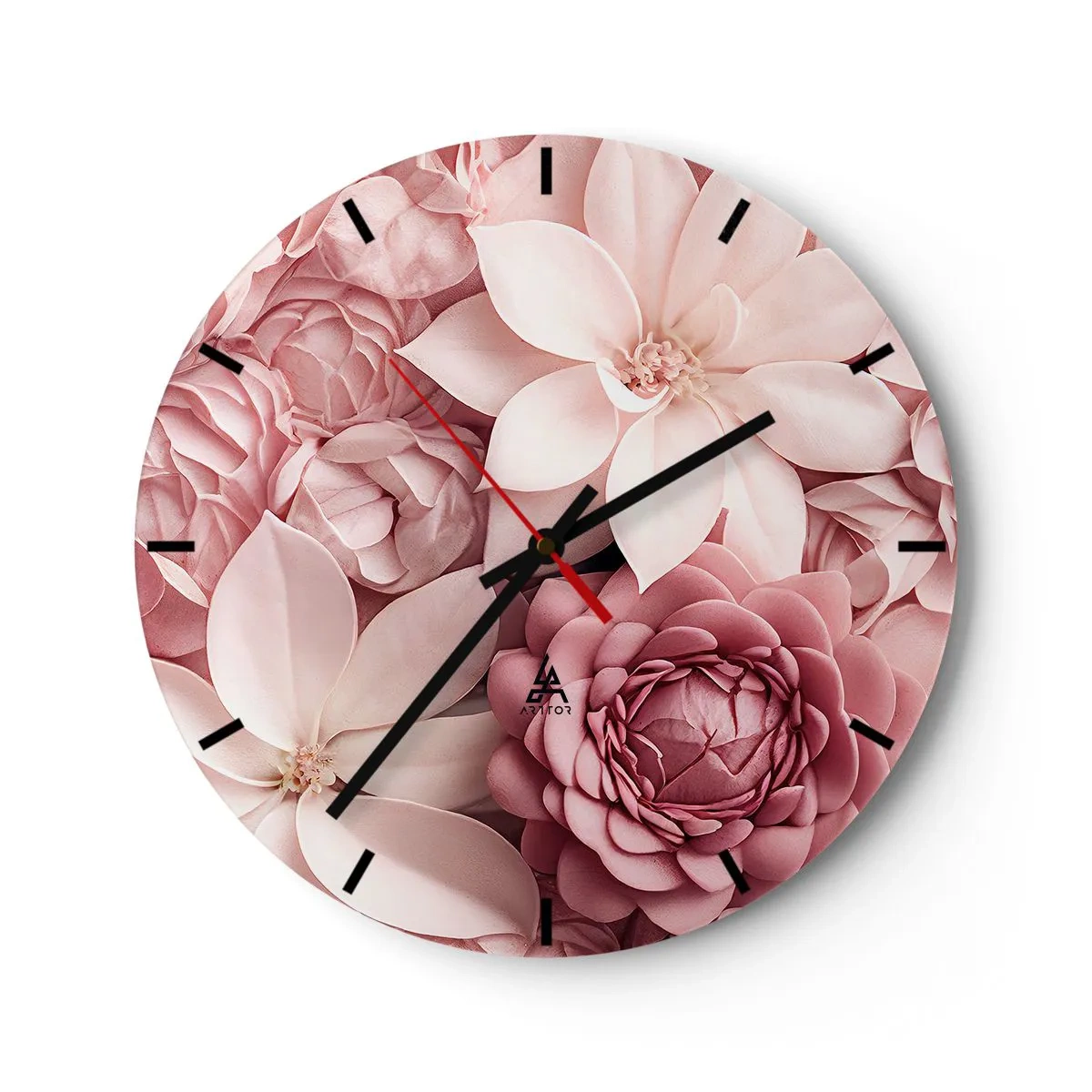 Väggklocka - Klocka på glas - En komposition av rosa blommor i olika nyanser och former - 30x30cm - I rosa kronblad - Modern väggdekoration för vardagsrum, kök och sovrum ARTTOR