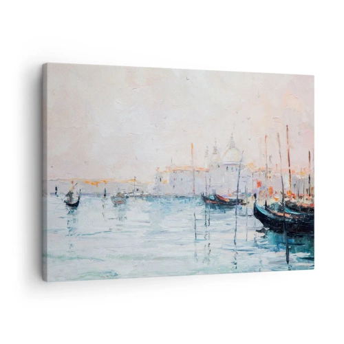 Canvastavla - Bild på duk - Pittoresk utsikt över kanalerna med pastellfärgade båtar - 70x50cm - Bortom vatten, bortom dimma - Modern väggdekoration för vardagsrum och sovrum ARTTOR