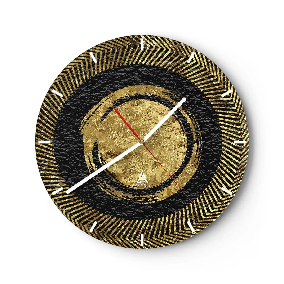 Väggklocka - Klocka på glas - Gyllene geometriska mönster på svart bakgrund i glamorös stil - 30x30cm - Glamourös komposition - Modern väggdekoration för vardagsrum, kök och sovrum ARTTOR