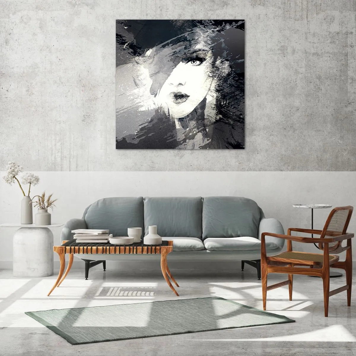 Glastavla - Bild på glas - Bakom grå voile - 30x30 cm