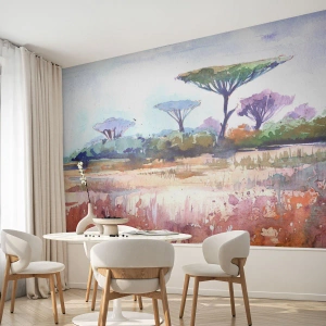 Fototapet Standard Eco - Ett akvarell savannlandskap med karakteristiska träd - 100x70cm - Savannens färg - Modern väggdekoration för vardagsrum och sovrum ARTTOR