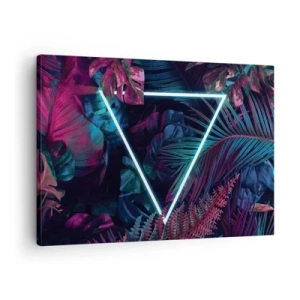 Canvastavla - Bild på duk - En neontriangel omgiven av tropiska löv i mörka färger. - 70x50cm - Trädgård i retrostil - Modern väggdekoration för vardagsrum och sovrum ARTTOR