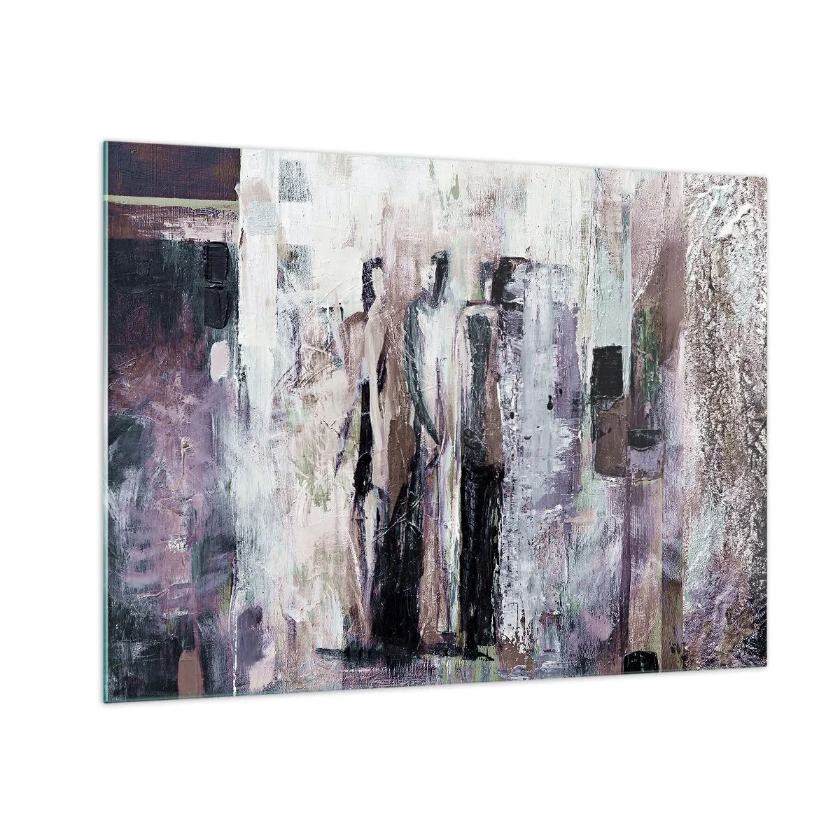 Glastavla - Bild på glas - Abstrakta silhuetter av figurer mot en texturerad färgbakgrund - 70x50cm - De mystiska tre - Modern väggdekoration för vardagsrum och sovrum ARTTOR