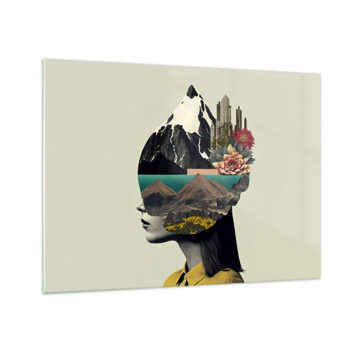 Glastavla - Bild på glas - Silhuett av en kvinna med ett bergslandskap och flora i huvudet - 70x50cm - Kvinnan - alltid ett mysterium - Modern väggdekoration för vardagsrum och sovrum ARTTOR