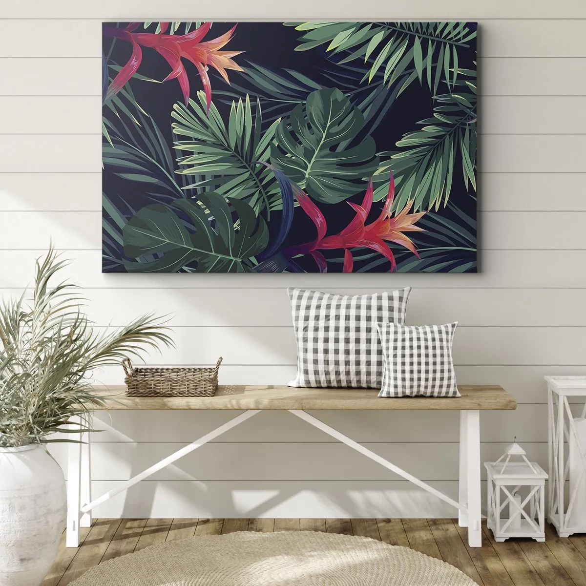 Canvastavla - Bild på duk - Tropiska löv och blommor på en mörk bakgrund - 70x50cm - Brinna i grönskan - Modern väggdekoration för vardagsrum och sovrum ARTTOR