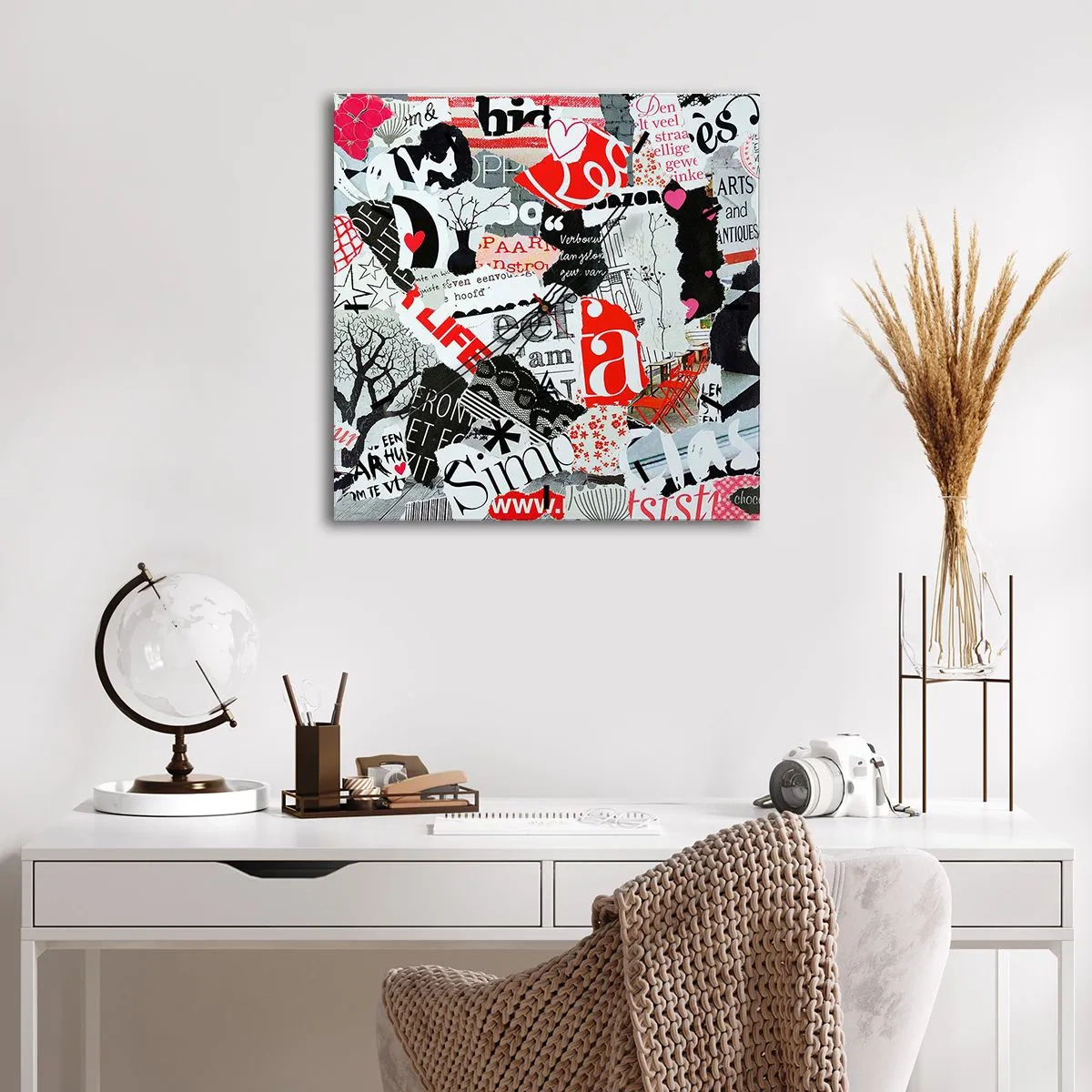 Väggklocka - Klocka på glas - Hipster collage - 30x30 cm