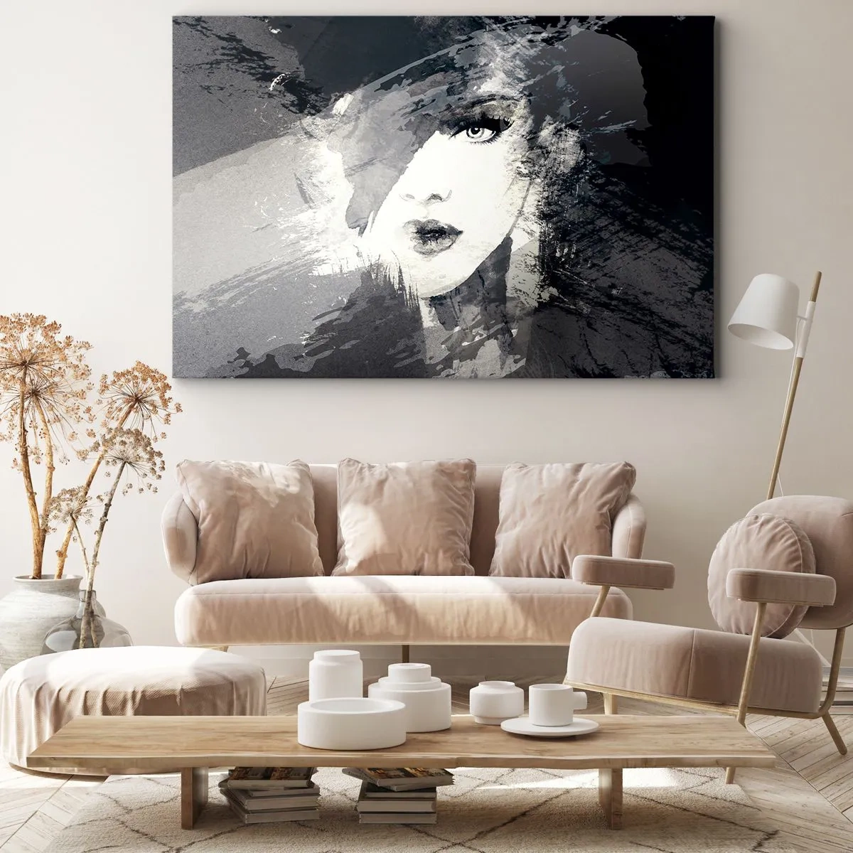 Canvastavla - Bild på duk - Ett abstrakt porträtt av en kvinna i grå nyanser med fina accenter. - 70x50cm - Bakom grå voile - Modern väggdekoration för vardagsrum och sovrum ARTTOR