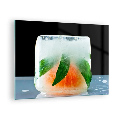 Glastavla - Bild på glas - Frukt och löv frysta i klar is - 70x50cm - Fräschhet och svalka - Modern väggdekoration för vardagsrum och sovrum ARTTOR