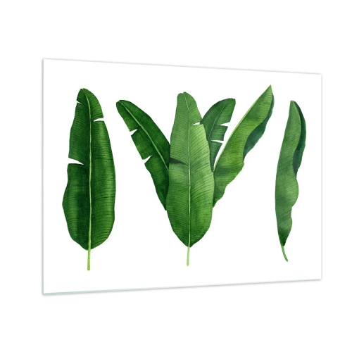 Glastavla - Bild på glas - Fyra gröna bananblad på en vit bakgrund - 70x50cm - Grön symmetri - Modern väggdekoration för vardagsrum och sovrum ARTTOR