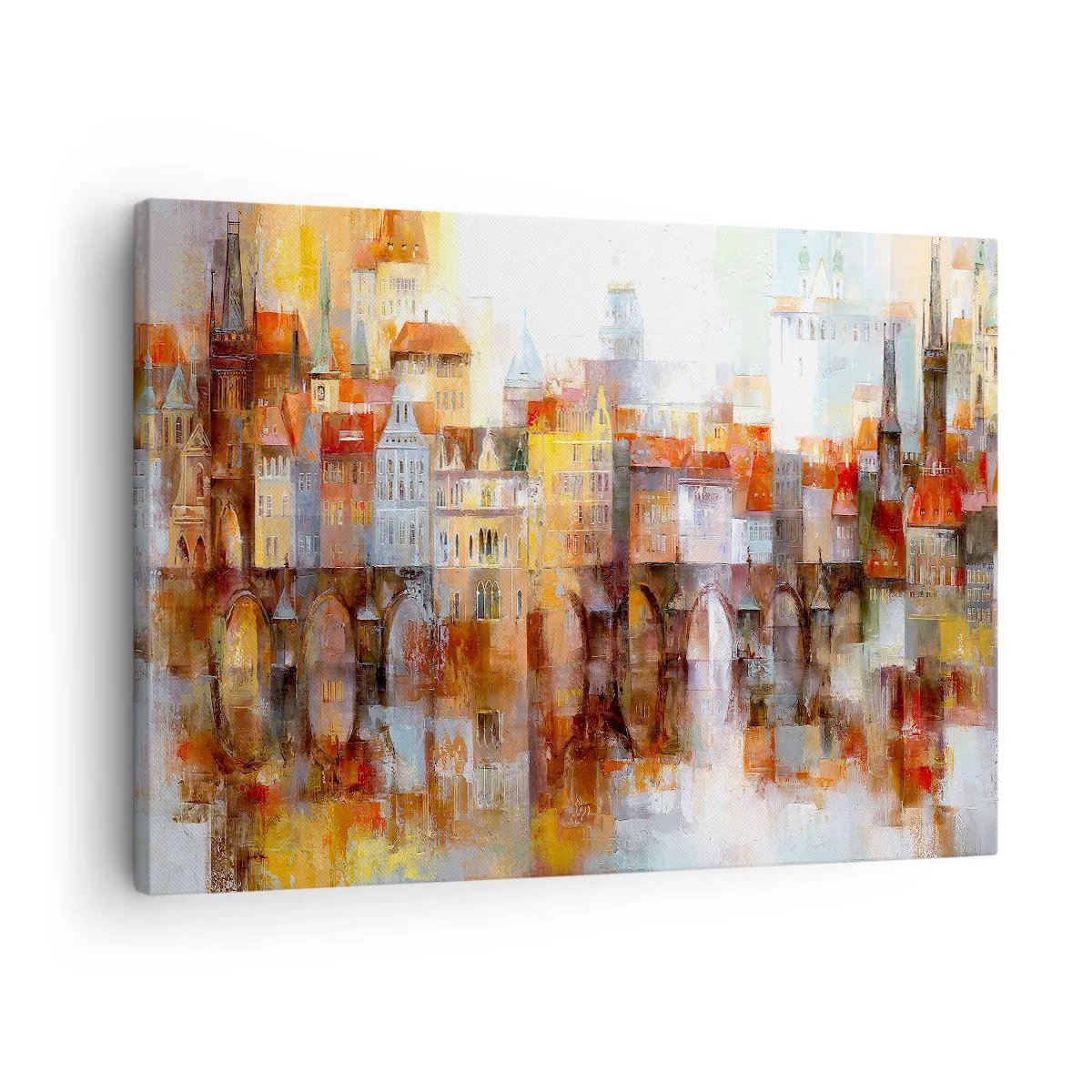 Canvastavla - Bild på duk - Ett pittoreskt panorama över staden med en bro i höstfärger - 70x50cm - Vackert under bron - Modern väggdekoration för vardagsrum och sovrum ARTTOR