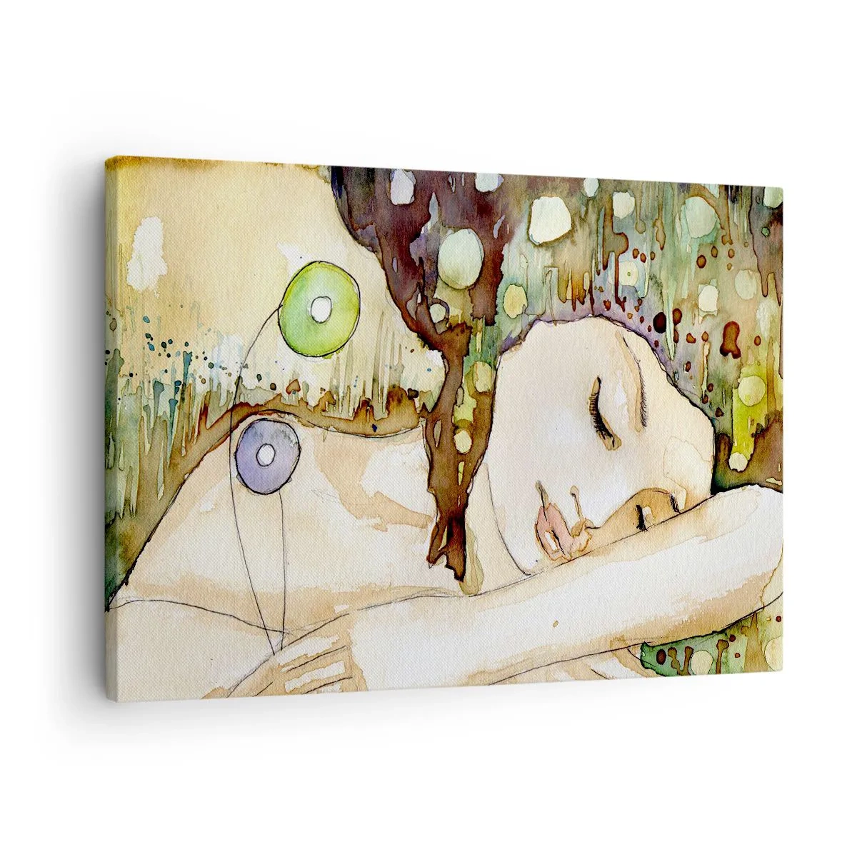 Canvastavla - Bild på duk - En kvinna som drömmer omgiven av abstrakta former och färger. - 70x50cm - Smaragd-viol dröm - Modern väggdekoration för vardagsrum och sovrum ARTTOR