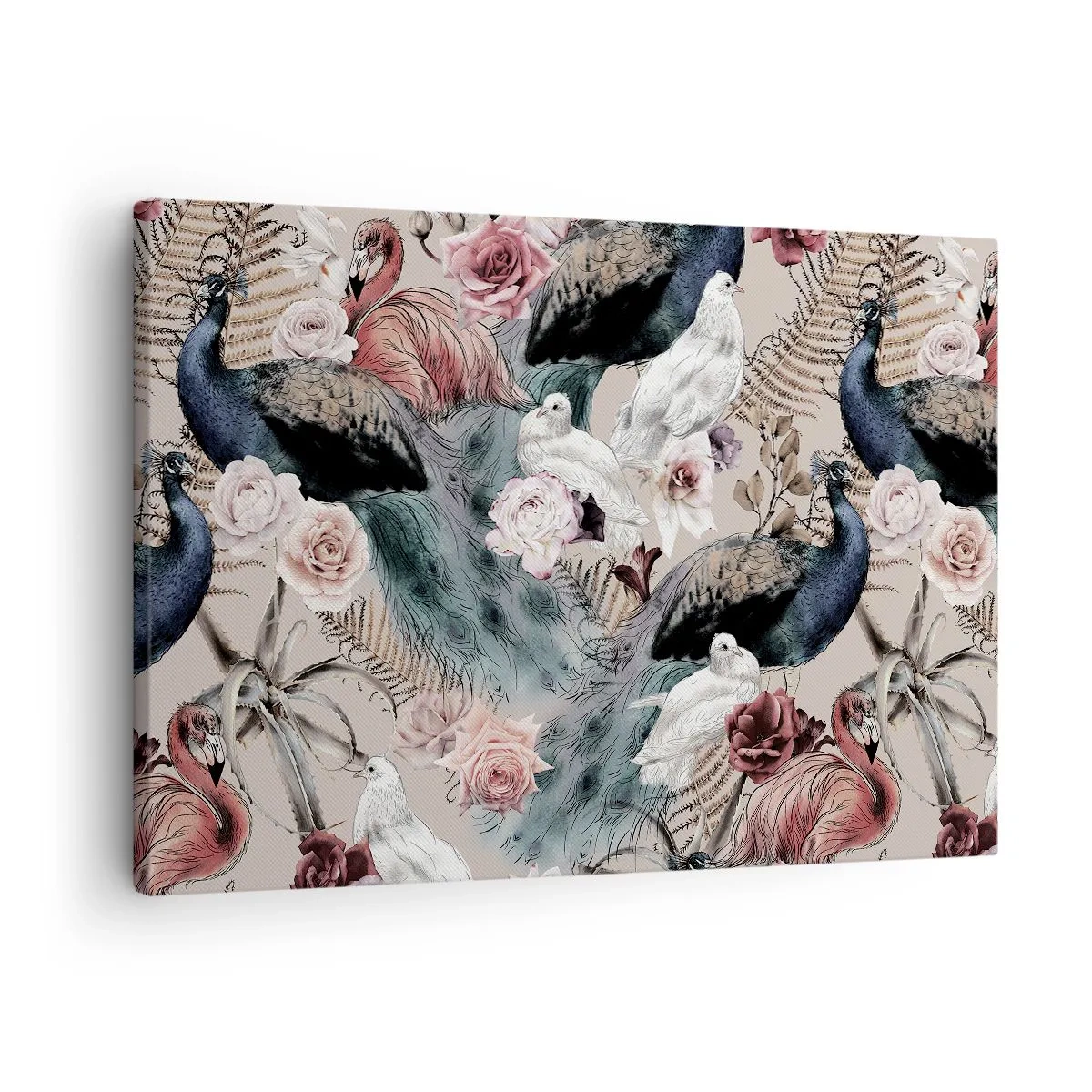 Canvastavla - Bild på duk - Ett landskap med påfågelfjädrar, rosor och fåglar i romantisk stil. - 70x50cm - I palatsträdgården - Modern väggdekoration för vardagsrum och sovrum ARTTOR