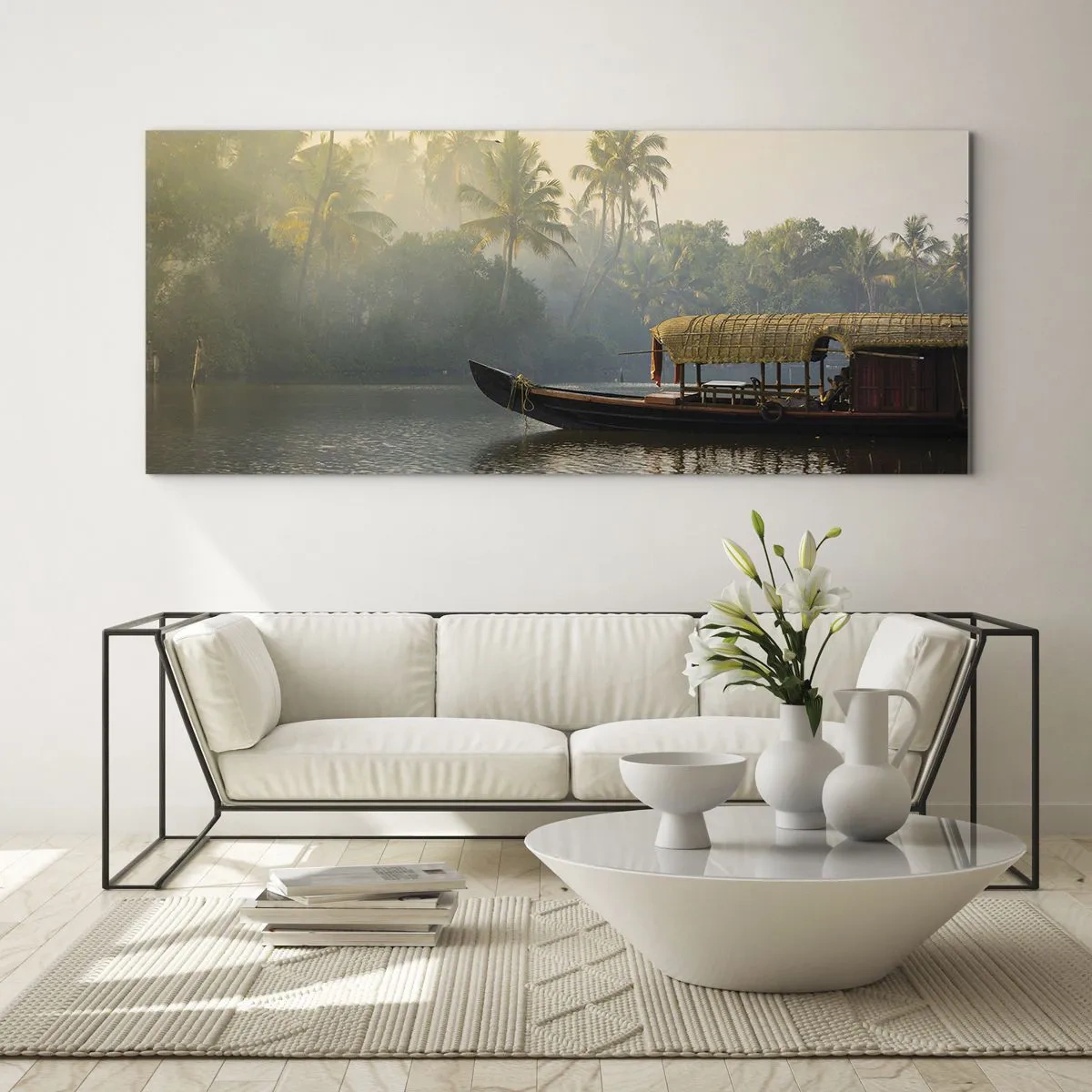 Glastavla - Bild på glas - Hus på floden - 120x50 cm