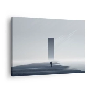 Canvastavla - Bild på duk - Ett minimalistiskt landskap med en silhuett bredvid en rektangulär monolit - 70x50cm - Möjlighet eller hot? - Modern väggdekoration för vardagsrum och sovrum ARTTOR