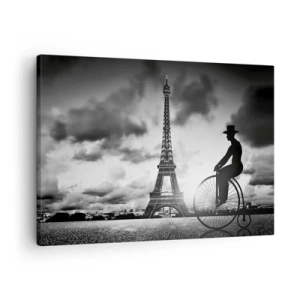 Canvastavla - Bild på duk - Svartvit bild av en retrocykel med Eiffeltornet i bakgrunden - 70x50cm - Längtan efter Belle Epoque - Modern väggdekoration för vardagsrum och sovrum ARTTOR