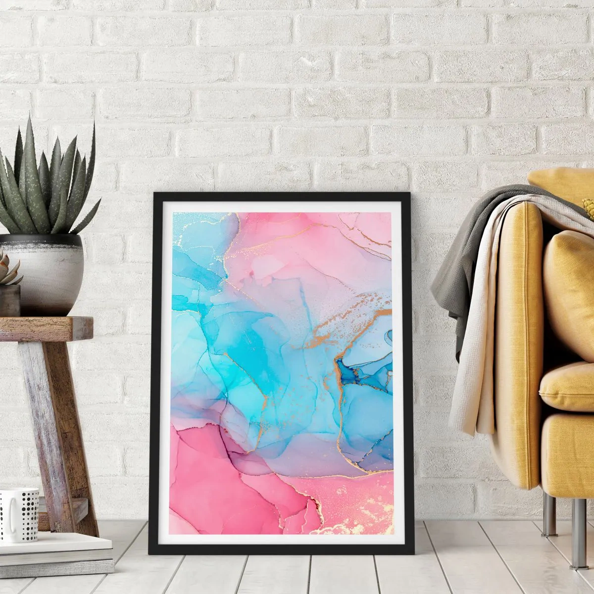 Affisch i svart ram - Abstrakta fläckar i nyanser av rosa, blått och guld - 50x70cm - Möte och infiltration - Modern väggdekoration för vardagsrum och sovrum ARTTOR