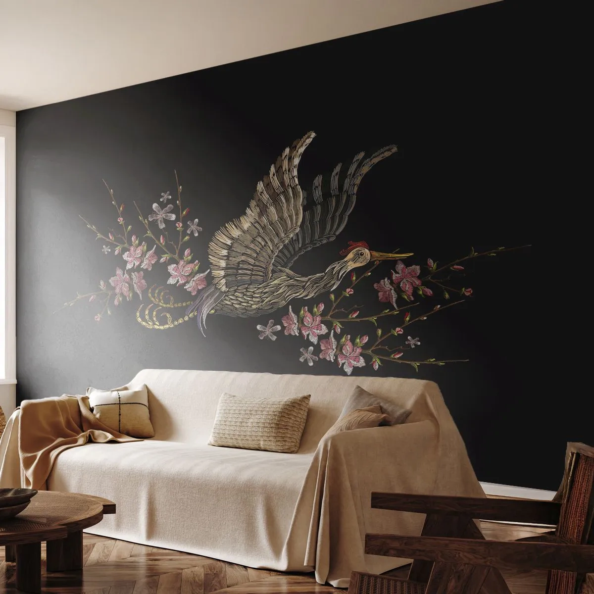 Fototapet Standard Eco - Exotisk, broderad fågel - Fågel, Grafik, Blommor - 200x140 cm