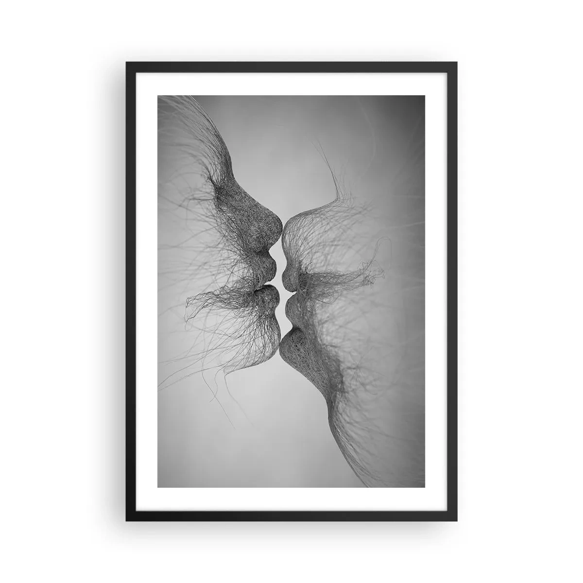 Affisch i svart ram - Abstrakta ansikten i akt av att kyssas, svartvitt - 50x70cm - Vindens kyss - Modern väggdekoration för vardagsrum och sovrum ARTTOR