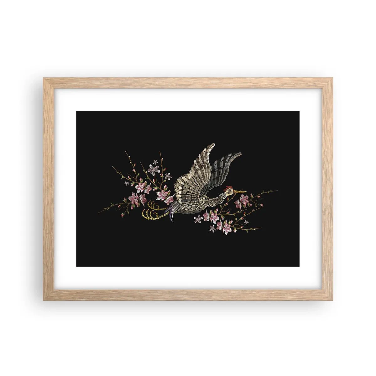 Affisch i ram av ljusek - Exotisk, broderad fågel - 40x30 cm